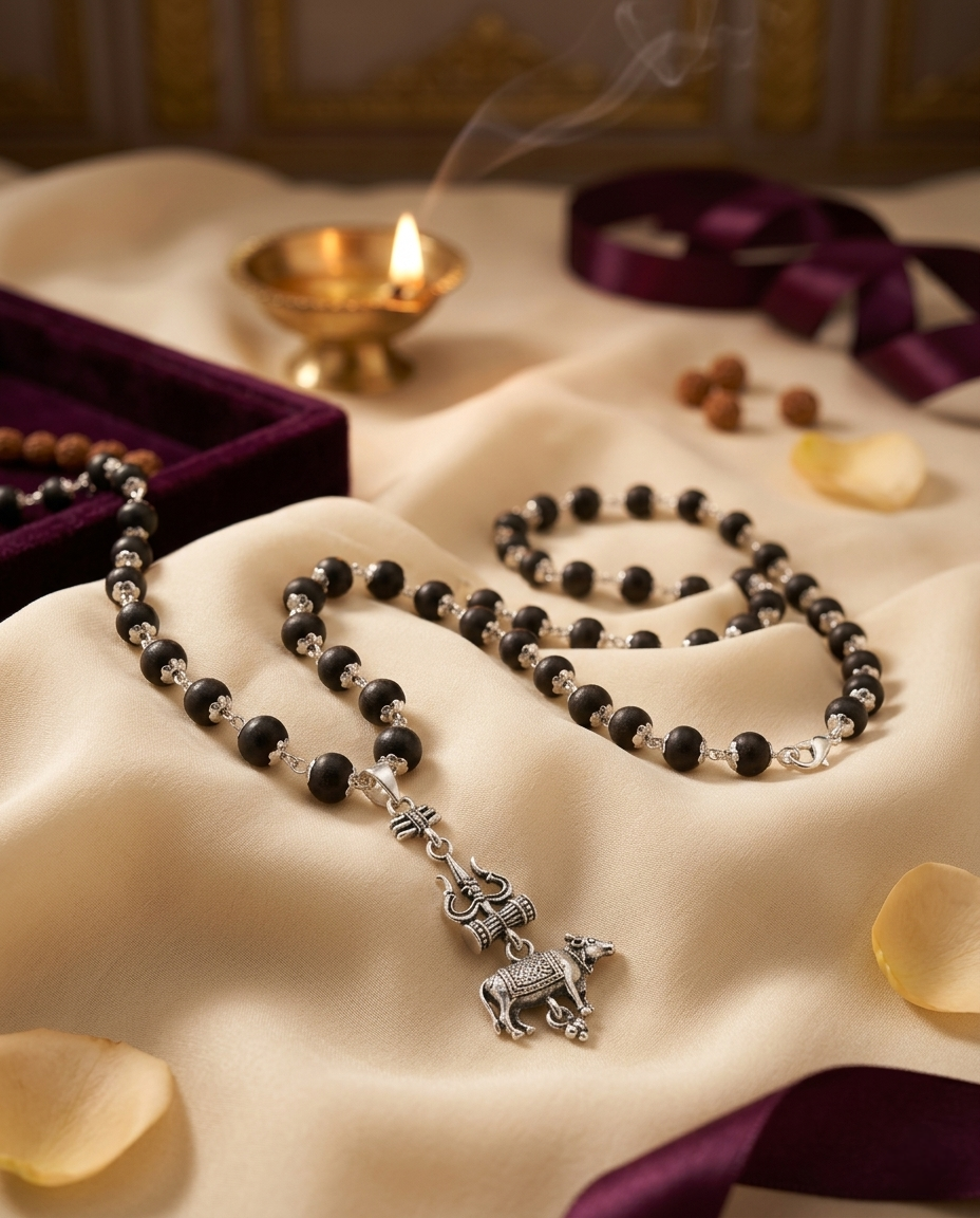 Original 7MM  German Silver Cap Karungali Mala with Trishool Nandi Pendant, 54 Beads, Lab Certified - AE