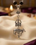 Original 7MM  German Silver Cap Karungali Mala with Trishool Nandi Pendant, 54 Beads, Lab Certified - AE