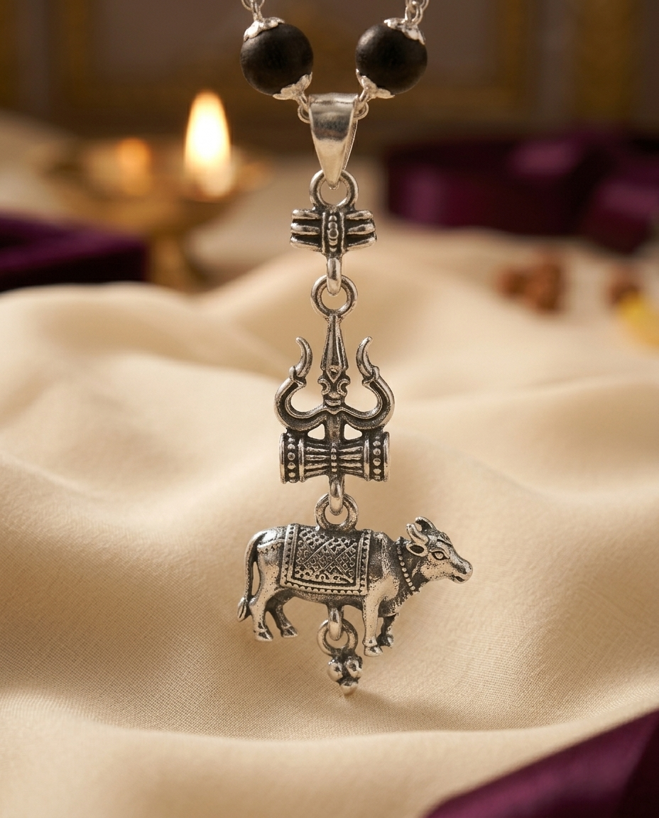 Original 7MM  German Silver Cap Karungali Mala with Trishool Nandi Pendant, 54 Beads, Lab Certified - AE