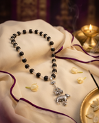 Original 7MM  German Silver Cap Karungali Mala with Trishool Nandi Pendant, 54 Beads, Lab Certified - AE