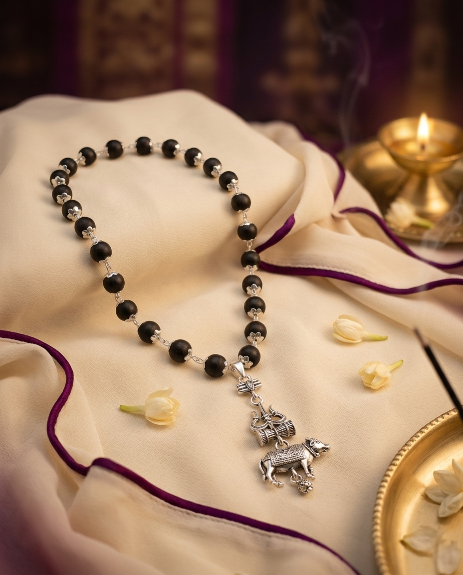 Original 7MM  German Silver Cap Karungali Mala with Trishool Nandi Pendant, 54 Beads, Lab Certified - AE