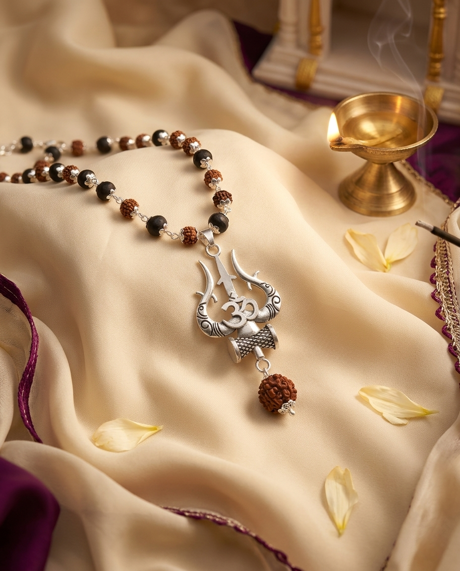 Original 7MM  German Silver Cap Karungali and Rudraksha Mala with Om locket, 54 Beads, Lab Certified - AE