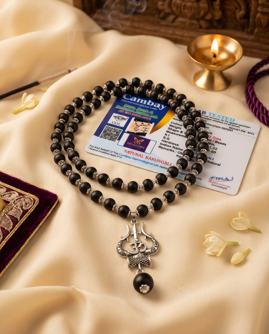 Original 7MM  German Silver Cap Karungali Mala with Om locket, 54 Beads, Lab Certified - AE