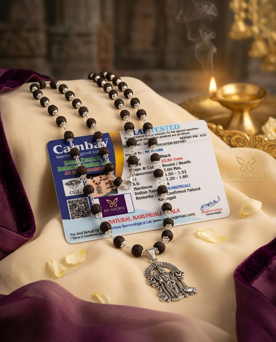 Original 7MM  German Silver Cap Karungali Mala with lord Murugan Pendant, 54 Beads, Lab Certified - AE