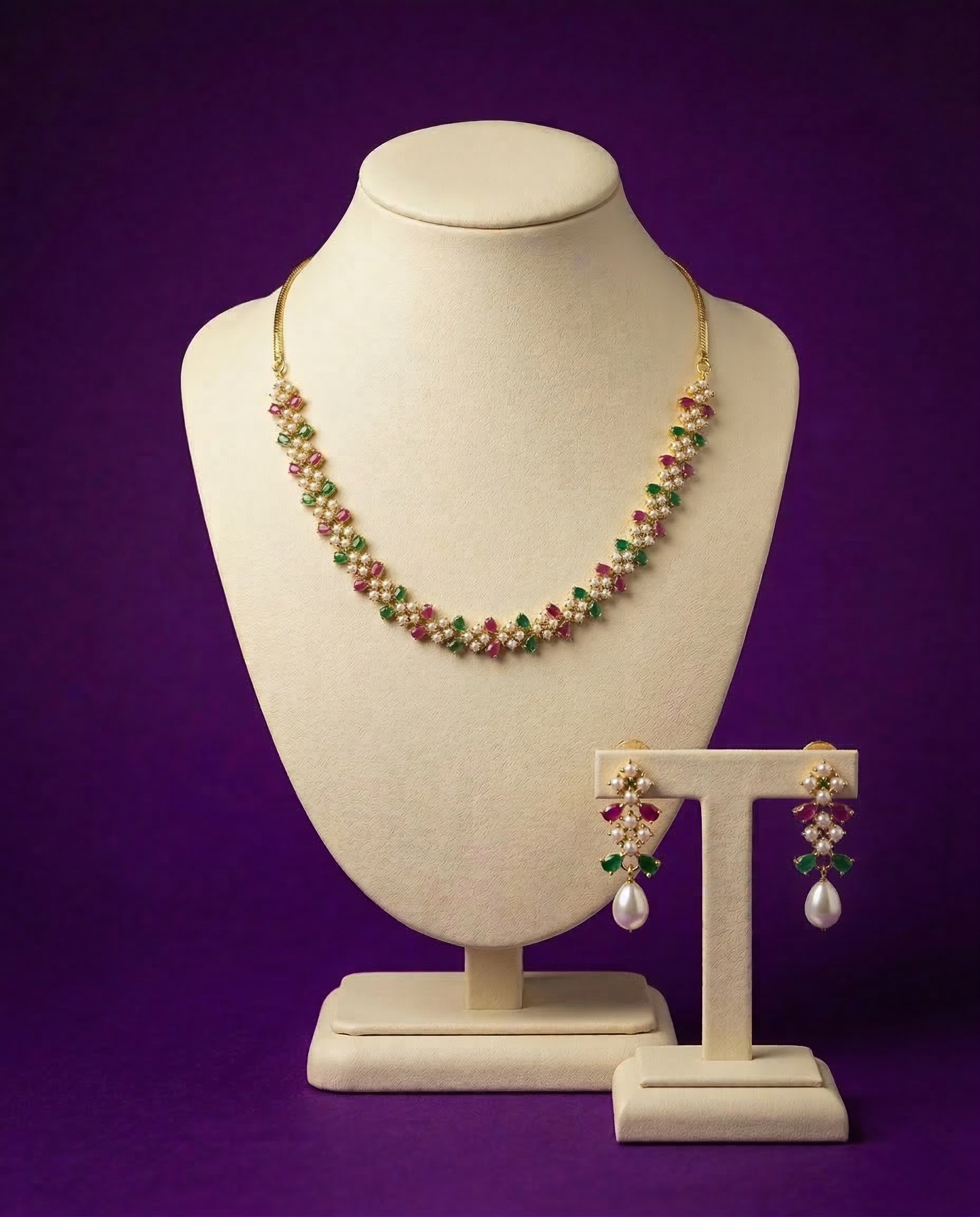 American Diamond Pearl Necklace With Gold Plating