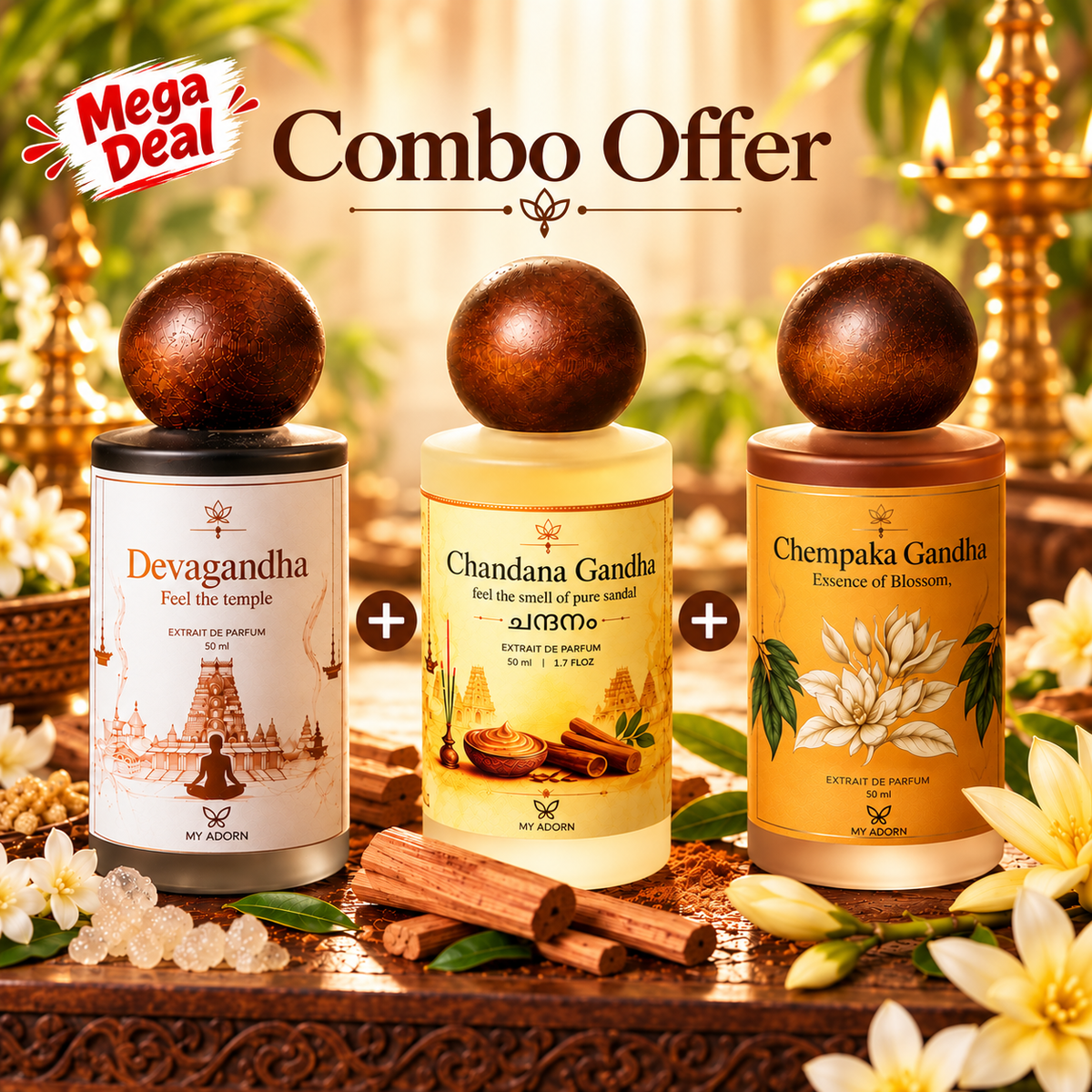 Devagandha, Chandana Gandha & Chempaka Gandha Divine Fragrance Triple Combo