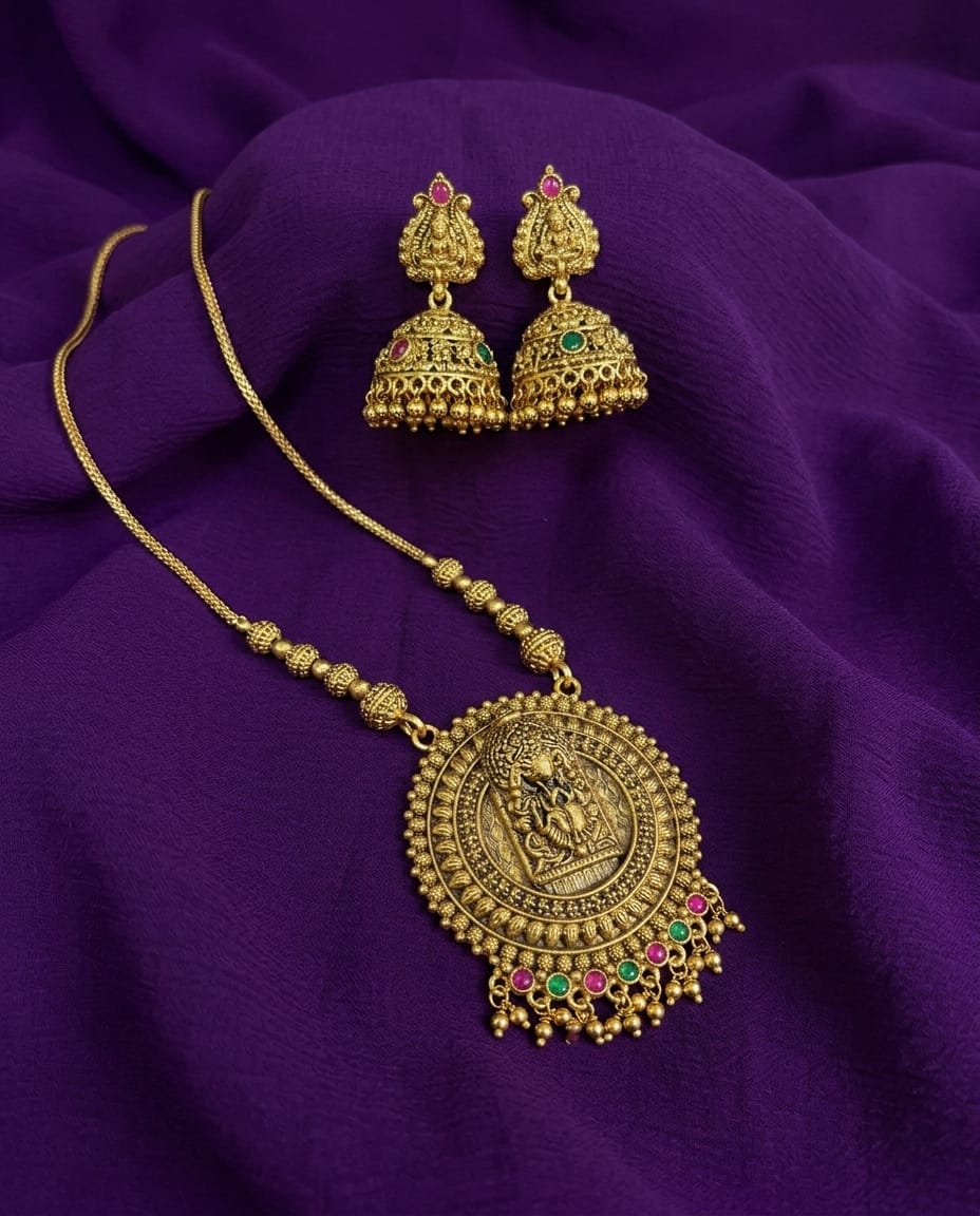 Antique Temple Pendant Necklace Set with Jhumkas
