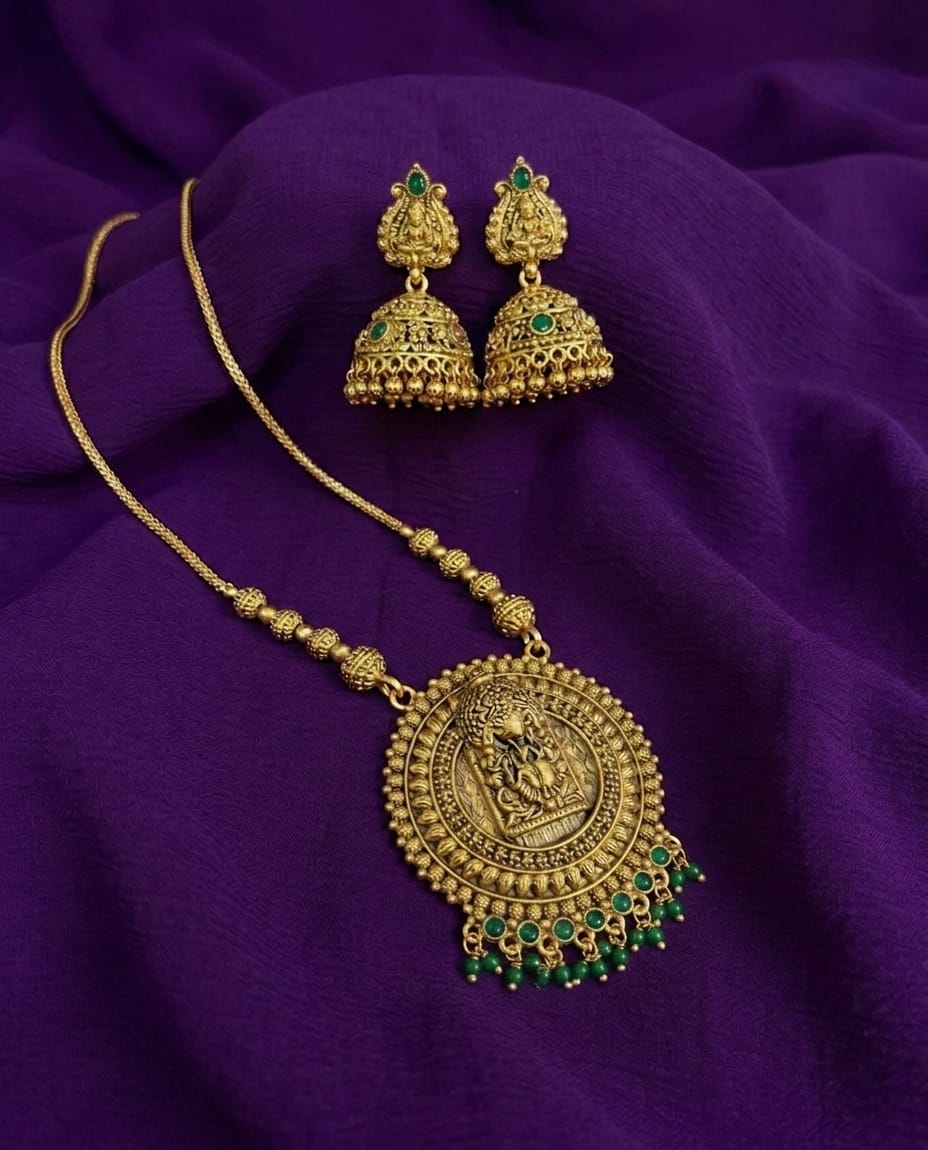 Antique Temple Pendant Necklace Set with Jhumkas