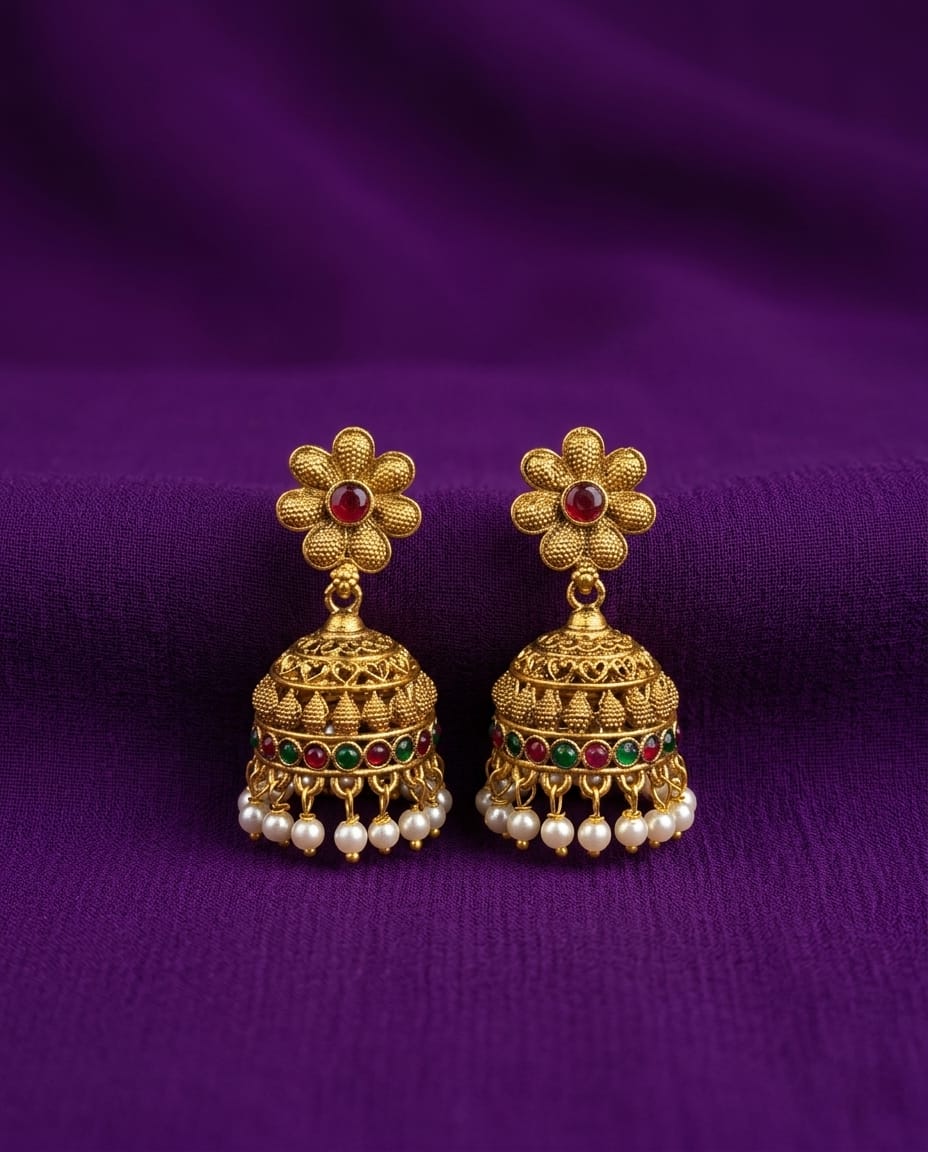 Floral Pearl Drop Jhumka Earrings - ae