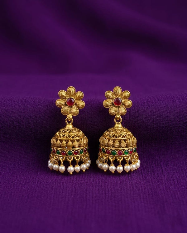 Floral Pearl Drop Jhumka Earrings - ae
