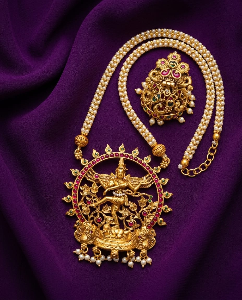 Divine Nataraja Pearl Pendant Necklace Set - ae