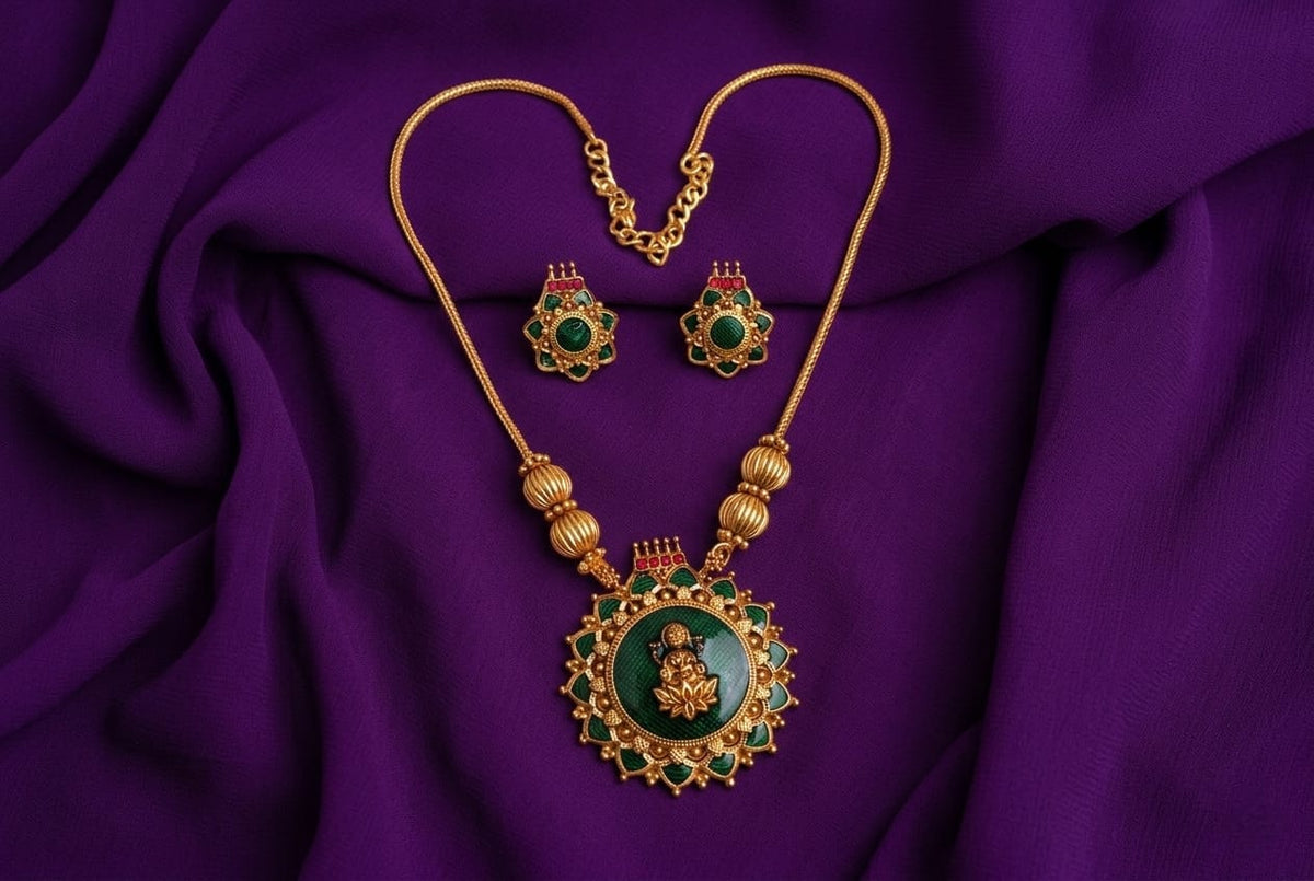 Green Lakshmi Temple Necklace Set